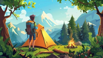 During the summer, a cartoon summer landscape with camping tourists near mountains shows a young boy with a backpack and gear, looking at his phone in the forest near a tent on a wooden patio and a