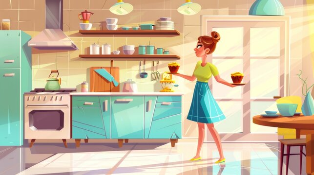 Cooking muffins in kitchen. Modern cartoon illustration of female character baking cakes at home. Blue wood and glass furniture, kitchenware on shelf, daylight streaming in from window.