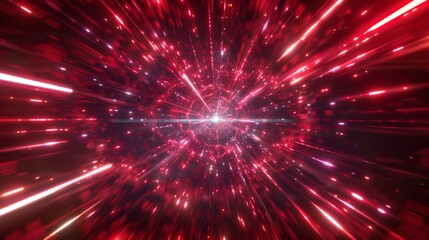 In hyperspace, a circular perspective tunnel gets emitted by a high speed warp of red light with a radial burst. Realistic modern illustration of space travel pattern with neon glowing effect.