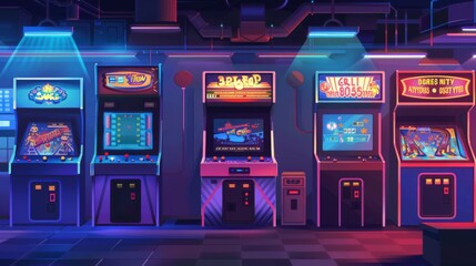 Retro night club with video game machines. Modern cartoon illustration of an interior design with dark, retro cabinets with buttons and joysticks, retro pinball equipment from the 1980s and a poster