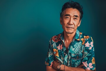 A man in a floral shirt is standing in front of a blue wall