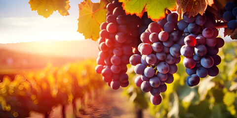 Ripe grapes in vineyard at sunset red grapes on vineyards in autumn harvest
 - obrazy, fototapety, plakaty