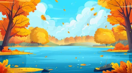 Poster Modern illustration of golden leaves flying in the wind above blue water, fall season in fairytale valley, clouds in the sky, beautiful travel scenery. © Mark