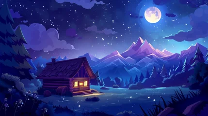 Fototapeten A cartoon summer night scene shows a wooden house in the forest near mountains under a starry sky with clouds and a full moon. A cozy wood cabin in the forest is surrounded by trees and fireflies. © Mark