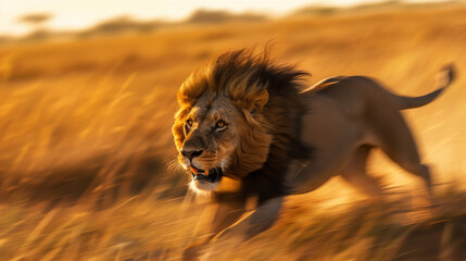 a lion running fast across the savanna grassland. Lion seen in fast and powerful movement, Ai...