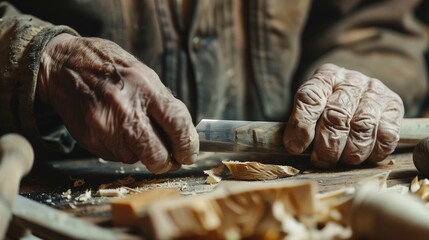Elderly craftsman's hands meticulously carving wood with a chisel. The concept emphasizes traditional woodworking and the skill of manual craftsmanship. - obrazy, fototapety, plakaty