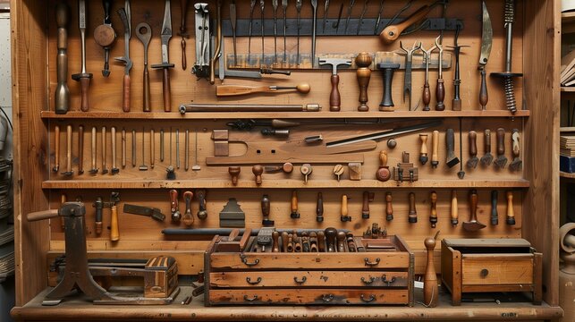An extensive collection of vintage woodworking hand tools meticulously arranged on a wooden wall rack. The concept showcases a variety of carpentry tools essential for traditional craftsmanship.