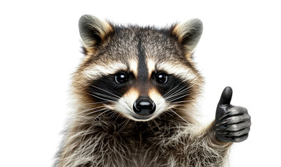 Fototapeta premium Amusing raccoon giving a thumbs up gesture with a humorous expression, isolated on a white background, embodying positive reinforcement and approval