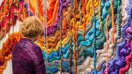 A woman observed from behind admires a collection of textile art pieces displayed at an exhibition, showcasing vibrant colors and intricate patterns.