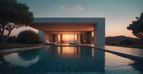 Contemporary sunset haven Exterior of a minimalist cubic villa with a swimming pool, offering a serene retreat at dusk
