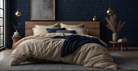 Cozy elegance Beige bedding on a bed against dark blue and brick walls, reflecting modern Scandinavian bedroom design