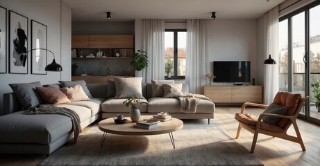 Cozy Scandinavian studio Interior design of a modern living room in a stylish studio apartment, embracing Nordic simplicity.