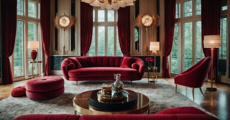 Decadent design Panoramic view of an art deco home interior with a crimson velvet sofa and numerous pillows, exuding modern luxury