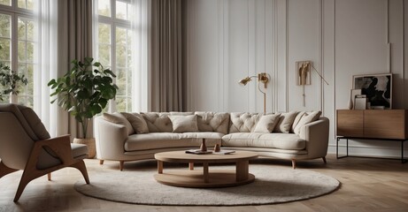 Curved comfort Loveseat sofa in a Scandinavian living room, elegantly placed against a white wall with frames