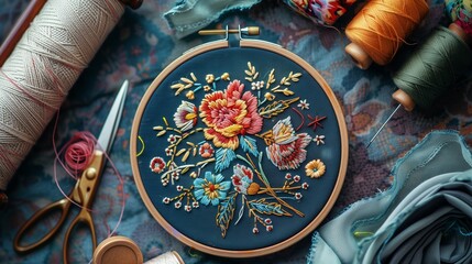 A close-up view of intricate classic embroidery, showcasing the detailed stitch work and vibrant colors of textile arts.