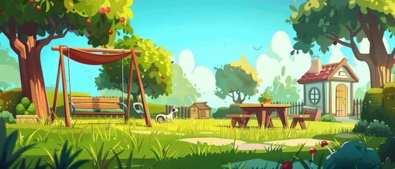  Cartoon summer landscape of backyard with green grass, fruit trees, swing with canopy, wooden table with chairs, dog house, lawn mower, and wooden table with chairs. © Mark