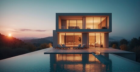Evening serenity Exterior view of a cubic villa with a swimming pool at sunset, radiating modern minimalist charm - obrazy, fototapety, plakaty