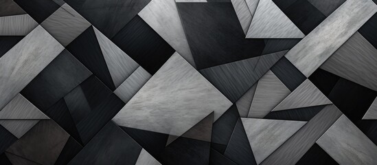 A closeup of a monochrome geometric pattern on a grey wall, featuring triangles and parallel lines. This creative arts design showcases symmetry and various tints and shades