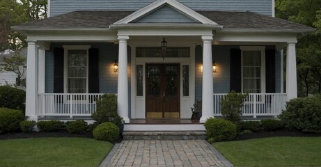 House's main entrance features a wooden front door, gabled porch, and landing—a charming Georgian-style home with classic columns.