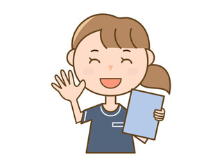 笑顔でファイルを持って挨拶をする制服女性_美容部員_エステティシャン