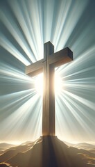 Illustration of a large wooden cross against a sky with sunrays.