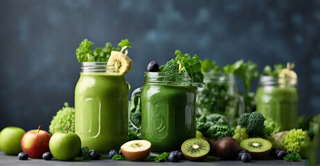 Glass jar mugs with green health smoothie and fresh healthy diffident  fruits on dark background ai generative