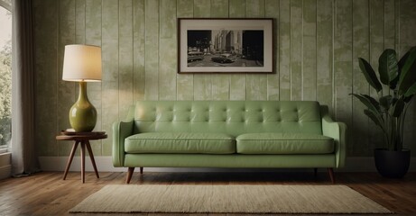 Mid-century retro vibe in the living room Light green leather sofa against a wall with ample copy space