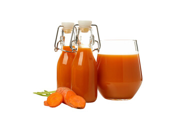 PNG, carrot juice is poured into a glass, isolated on a white background.