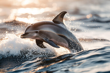 dolphin jumping out of water at sunrise
