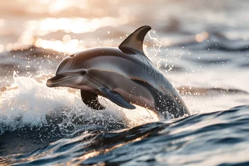 Poster dolphin jumping out of water at sunrise © agrus_aiart