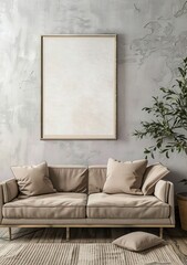 modern living room interior design. Sofa against texture wall with frame poster. Clean home interior.