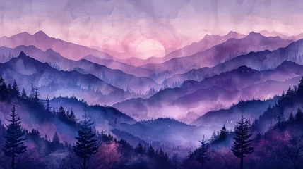 Schilderijen op glas Watercolor texture banner. Mountain forest template illustration. Purple and violet landscape background. Abstract art landscape background with Japanese wave pattern modern. © Mark