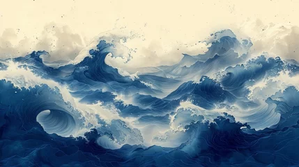 Foto op Plexiglas Vintage style blue line pattern with ocean objects on a Japanese background. © Mark