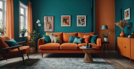 Nordic charm Orange sofa with colorful pillows against a teal wall, creating a welcoming atmosphere in this contemporary Scandinavian living room