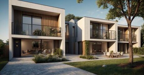 Fototapeta na wymiar Private townhouses with a modern modular twist Minimalist architecture shapes the residential exteriors