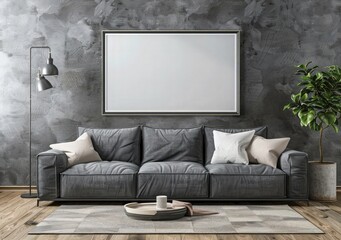 modern living room interior design. Sofa against texture wall with frame poster. Clean home interior.