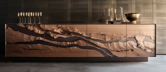 A hardwood cabinet featuring a tree carving is placed in the room, enhancing the space with intricate art and adding a touch of nature to the buildings interior design