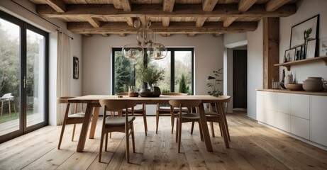 Scandinavian attic elegance Dining table and chairs under wood beams create a stylish modern dining room