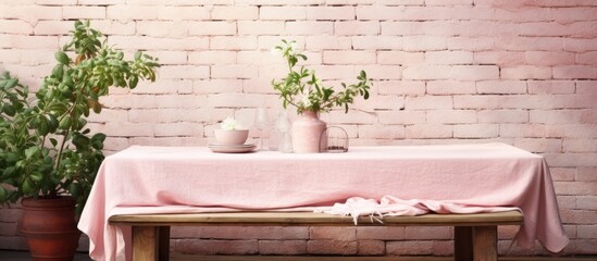 A rectangular table with a pink tablecloth, adorned with a vase of flowers. The table is made of...