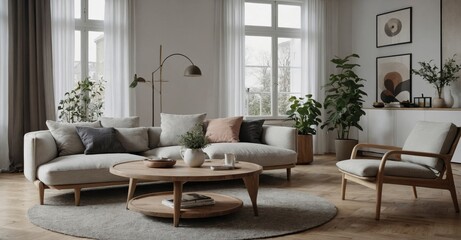 Scandinavian home aesthetic Round wood coffee table complements a white sofa in a modern living room