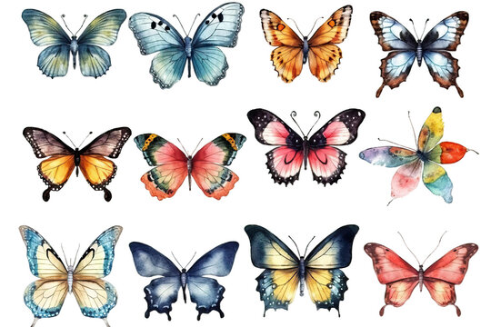 illustrations bright isolated butterflies hand depicting painted watercolor Set background white