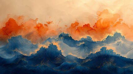 A gold brush stroke texture with a Japanese ocean wave pattern in vintage style. An abstract art landscape banner design with a watercolor texture modern.