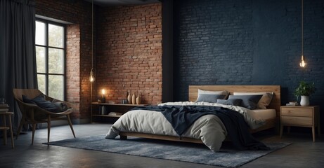 Serene sleeping quarters Modern Scandinavian bedroom featuring a bed with beige bedding against dark blue and brick walls