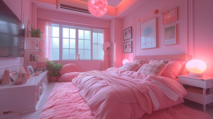 Interior of modern pink bedroom with bed, shelving unit, lamps and furniture, pictures on the wall. Girl's total pink bedroom, trendy design render 3D. Cozy room for a girl or teen