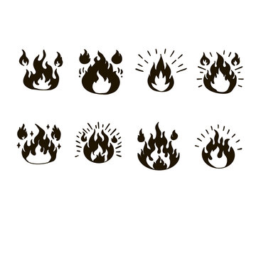 set of fire flames , Isolated fire flames on the white background. fire flames silhouettes. hand drawn.	