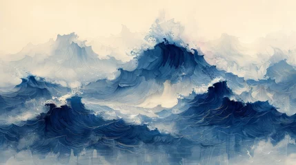 Zelfklevend Fotobehang Modern watercolor texture banner design with blue brush stroke texture. Abstract art landscape banner with Japanese ocean wave pattern... © Mark