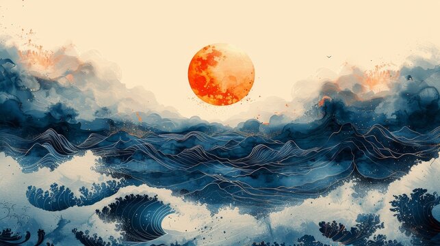 Animated modern background with wave elements. Line pattern with ocean sea object.