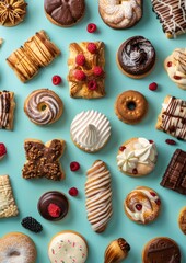 Group of assorted pastries isolated on blue background. Pastry, cakes, buns, biscuits, sweets.