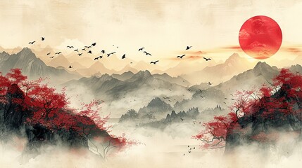 The background is a Japanese style background with a hand-drawn Chinese cloud on it. The banner decorations are an art black landscape banner with crane birds on it. Icons and symbols are arranged in