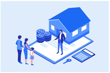 Home loan, refinance, real estate and property mortgage concept. Family with child buy home and sign  contract with banker vector illustration
 - obrazy, fototapety, plakaty